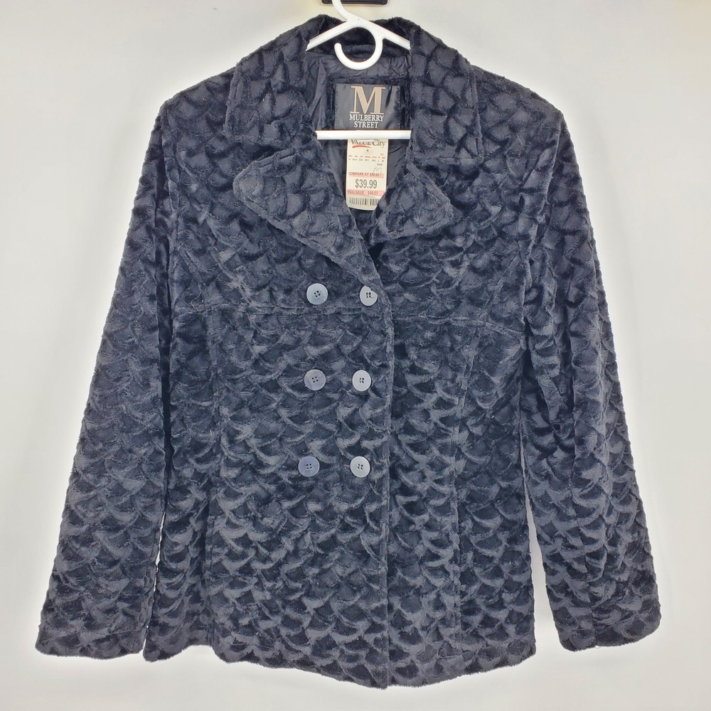 Vintage NWT Mulberry Streetโ Black Faux Fur Scallop Double Breasted Coat M Goth
